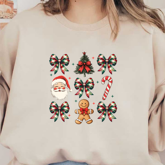 A festive collection of Christmas icons featuring Santa, a gingerbread man, a tree, candy cane, and decorative bows. dtf prints