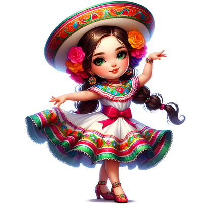 This charming doll features a traditional Mexican dress with colorful floral designs, complemented by a wide-brimmed hat and vibrant accessories.