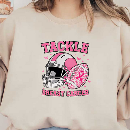 A vibrant graphic promoting breast cancer awareness, featuring a pink football helmet and ball with the message "Tackle Breast Cancer."DTF Transfers dtf prints