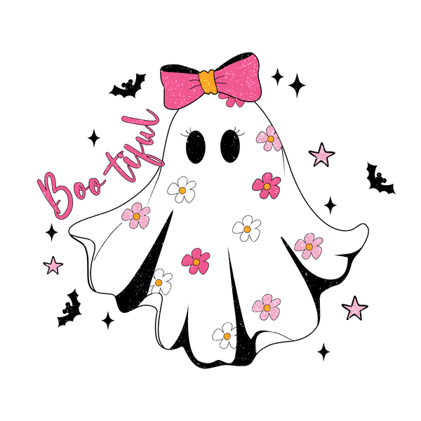 A cute, cartoon-style ghost adorned with colorful flowers and a pink bow, captioned "Boo-tiful," surrounded by pink stars.dtf regular iron