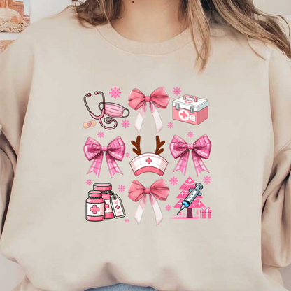 A festive collage featuring pink bows, a stethoscope, medical kit, and playful nurse accessories, perfect for healthcare-themed celebrations.DTF Transfers