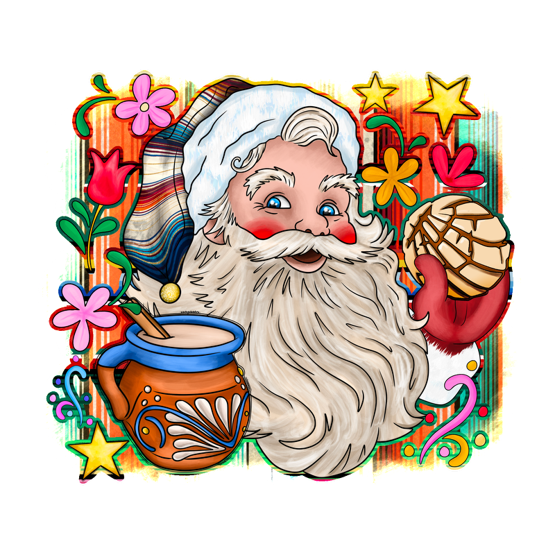 A festive illustration featuring Santa with a colorful background, surrounded by flowers, a traditional pot, and a concha pastry.DTF Transfers heat press transfers