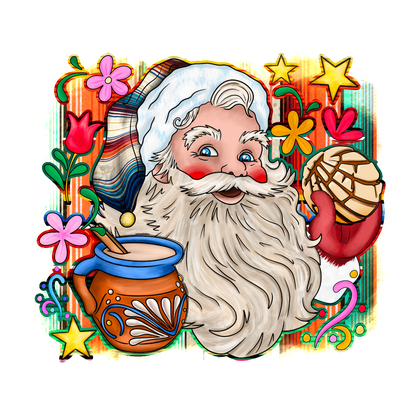 A festive illustration featuring Santa with a colorful background, surrounded by flowers, a traditional pot, and a concha pastry.DTF Transfers heat press transfers