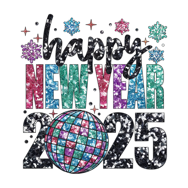 Celebrate the arrival of 2025 with this colorful and festive "Happy New Year" design featuring a sparkling disco ball!DTF Transfers dtf prints