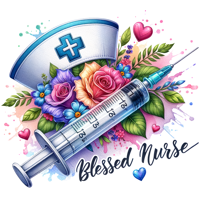 A vibrant illustration featuring a syringe and a nurse's cap surrounded by colorful flowers, celebrating and honoring nurses.DTF Transfers