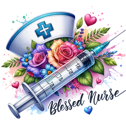 A vibrant illustration featuring a syringe and a nurse's cap surrounded by colorful flowers, celebrating and honoring nurses.DTF Transfers