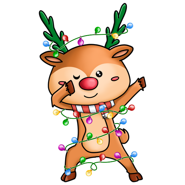 A cheerful cartoon reindeer wrapped in colorful Christmas lights, wearing a festive scarf and playfully posing with a wink. dtf prints