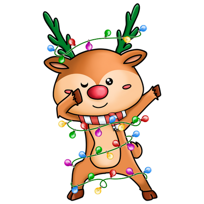 A cheerful cartoon reindeer wrapped in colorful Christmas lights, wearing a festive scarf and playfully posing with a wink. dtf prints