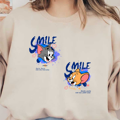 Arte de dibujos animados caprichoso con Tom y Jerry, con el divertido texto "SMILE" y colores vibrantes, que celebran la alegría y la amistad.