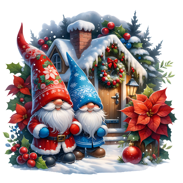 Two cheerful gnomes, dressed in festive red and blue, stand in front of a cozy, snow-covered holiday cottage.DTF Transfers