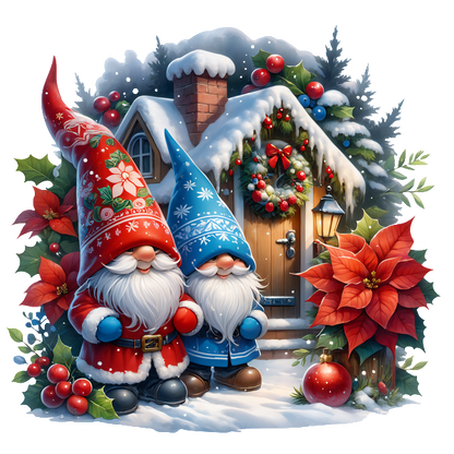 Two cheerful gnomes, dressed in festive red and blue, stand in front of a cozy, snow-covered holiday cottage.DTF Transfers