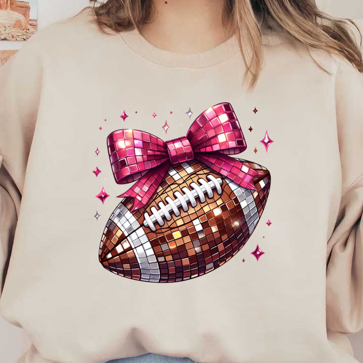 A playful, glittery football adorned with a big pink bow, perfect for a fun celebration or event! dtf prints