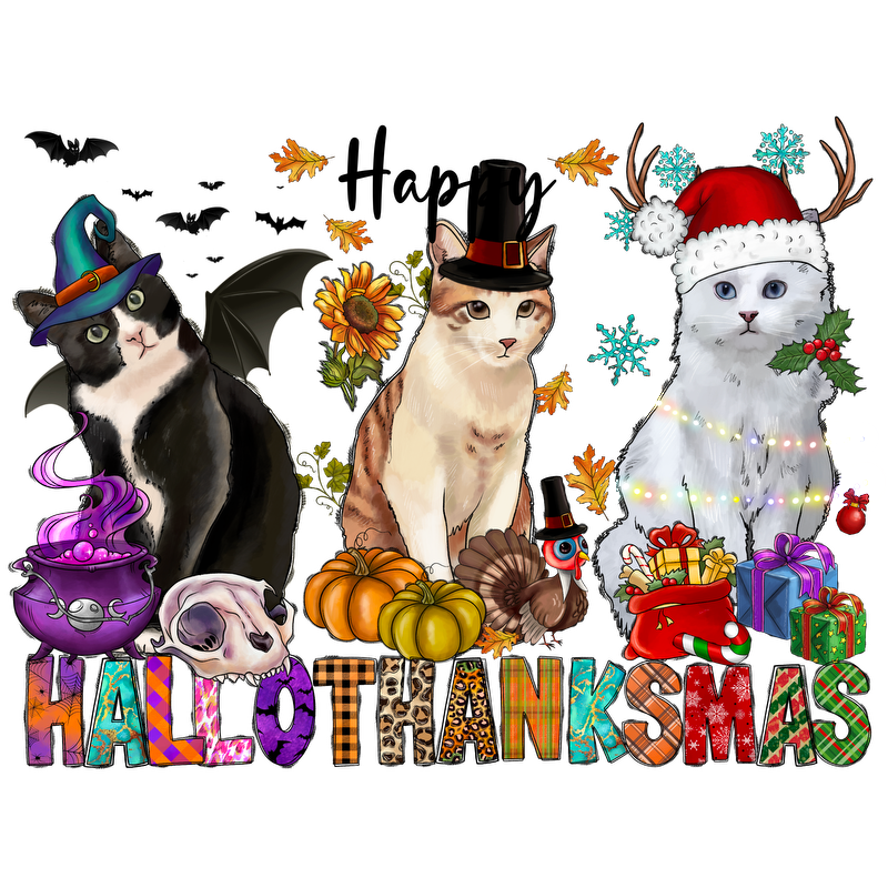 A whimsical illustration featuring three cats dressed in festive attire, celebrating a blend of Halloween, Thanksgiving, and Christmas themes.DTF Transfers dtf prints