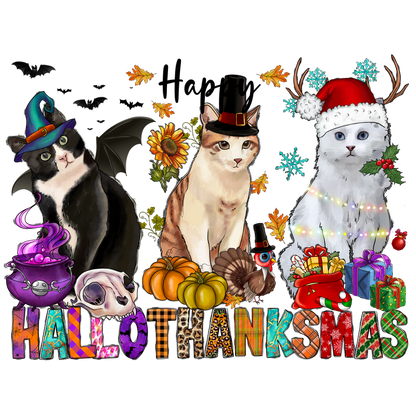 A whimsical illustration featuring three cats dressed in festive attire, celebrating a blend of Halloween, Thanksgiving, and Christmas themes.DTF Transfers dtf prints