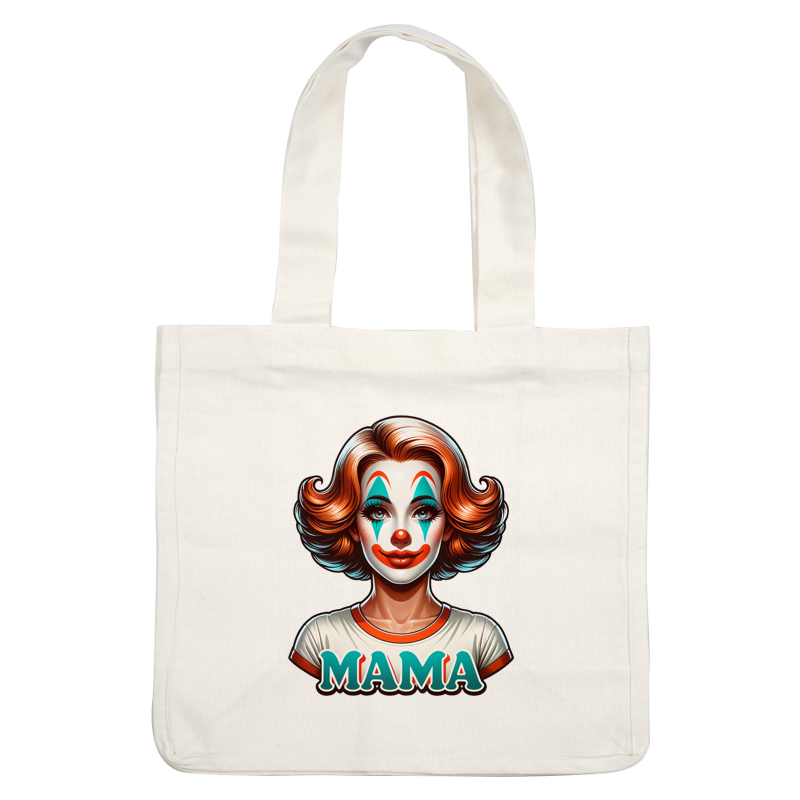 Una divertida ilustración de payaso que presenta una alegre figura con maquillaje colorido, cabello peinado y una camiseta que muestra audazmente la palabra "MAMA".