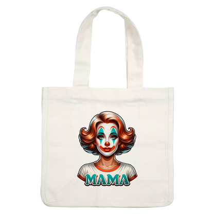 Una divertida ilustración de payaso que presenta una alegre figura con maquillaje colorido, cabello peinado y una camiseta que muestra audazmente la palabra "MAMA".