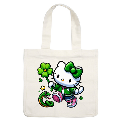 Hello Kitty is playfully depicted in a green varsity jacket, holding a four-leaf clover, with a cheerful green snake nearby.DTF Transfers dtf prints