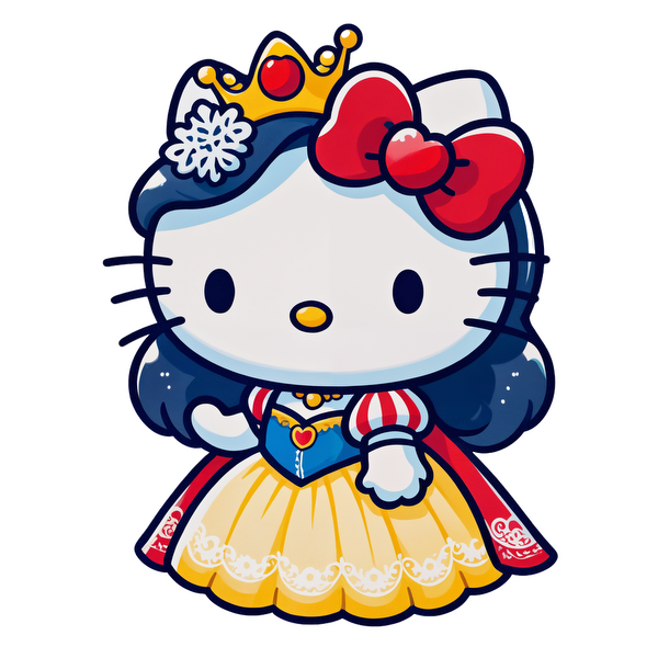 Meet Hello Kitty dressed as Snow White, complete with a crown, vibrant dress, and classic red bow for a charming look!DTF Transfersdtf regular iron