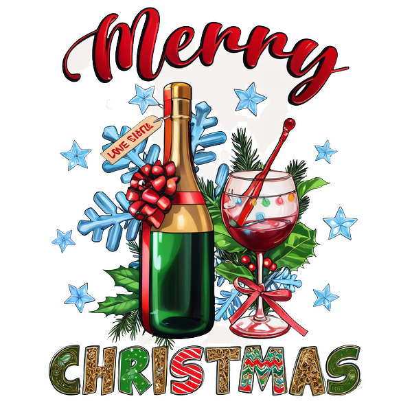 Festive Christmas design featuring a champagne bottle, a cocktail glass, and holiday decorations with a cheerful message. dtf prints