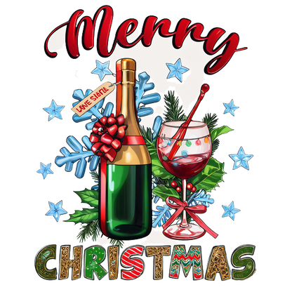 Festive Christmas design featuring a champagne bottle, a cocktail glass, and holiday decorations with a cheerful message. dtf prints