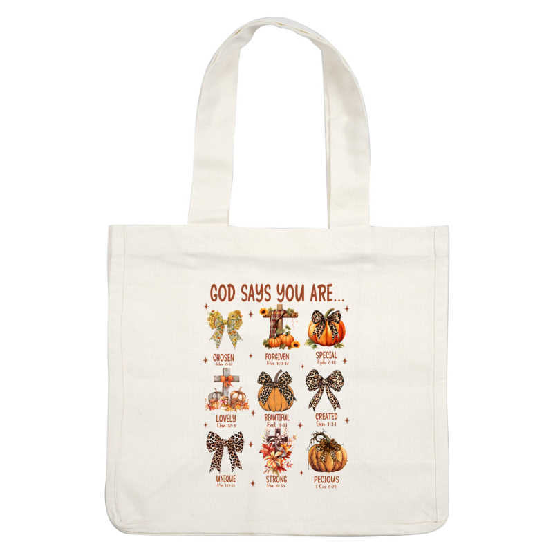 A vibrant autumn-themed print featuring uplifting messages with pumpkins, bows, and crosses, celebrating positivity and individuality. dtf prints