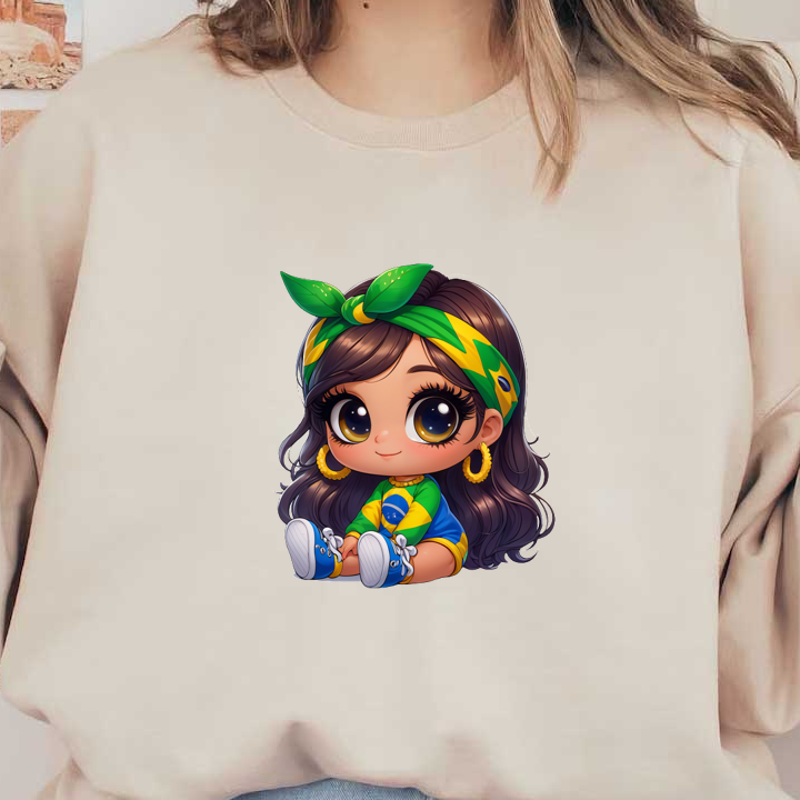 A cute character with big eyes, wearing a vibrant green and yellow outfit inspired by Brazil, complete with a matching headband.DTF Transfers dtf prints