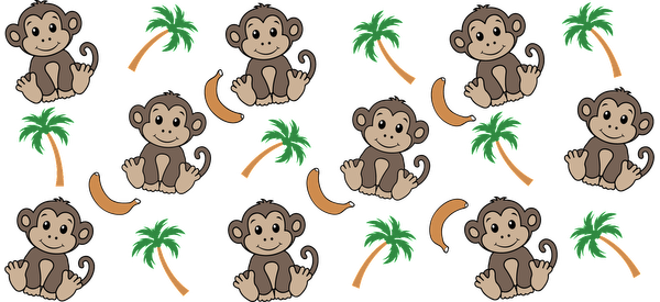 A playful and colorful pattern featuring cute cartoon monkeys, bananas, and palm trees, perfect for a fun design.UV Transfers dtf transfers