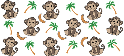 A playful and colorful pattern featuring cute cartoon monkeys, bananas, and palm trees, perfect for a fun design.UV Transfers dtf transfers