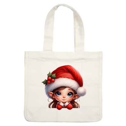 A cheerful cartoon elf girl wearing a red Santa hat with holly, showcasing big blue eyes and a warm smile.DTF Transfers heat press transfers