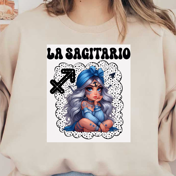 Una ilustración caprichosa de un personaje Sagitario con cabello largo plateado, adornado en azul, con tatuajes y símbolos astrológicos.