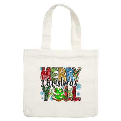 Celebrate the season with this festive "Merry Christmas Y’all" design featuring colorful letters and a delightful decorated Christmas tree.DTF Transfers dtf prints