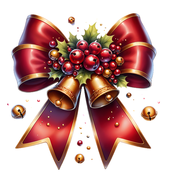 A festive red bow adorned with berries, holly, and golden bells, perfect for holiday decorations. dtf prints