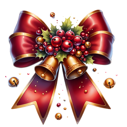 A festive red bow adorned with berries, holly, and golden bells, perfect for holiday decorations. dtf prints