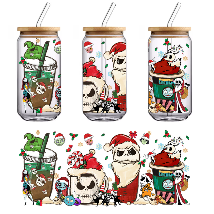 A whimsical holiday-themed illustration featuring festive characters from "The Nightmare Before Christmas" alongside decorated drink cups and candy canes.UV Transfers dtf transfers