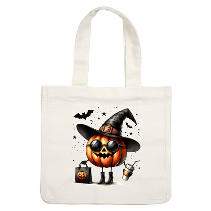 A stylish pumpkin character wears a witch's hat and sunglasses, holding a coffee and a Halloween-themed bag. heat press transfers