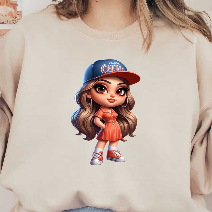 Este simpático personaje presenta un elegante vestido de rayas naranjas, una gorra de béisbol y zapatillas deportivas, capturando un estilo vibrante de inspiración cholo.