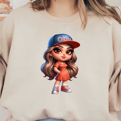 Este simpático personaje presenta un elegante vestido de rayas naranjas, una gorra de béisbol y zapatillas deportivas, capturando un estilo vibrante de inspiración cholo.