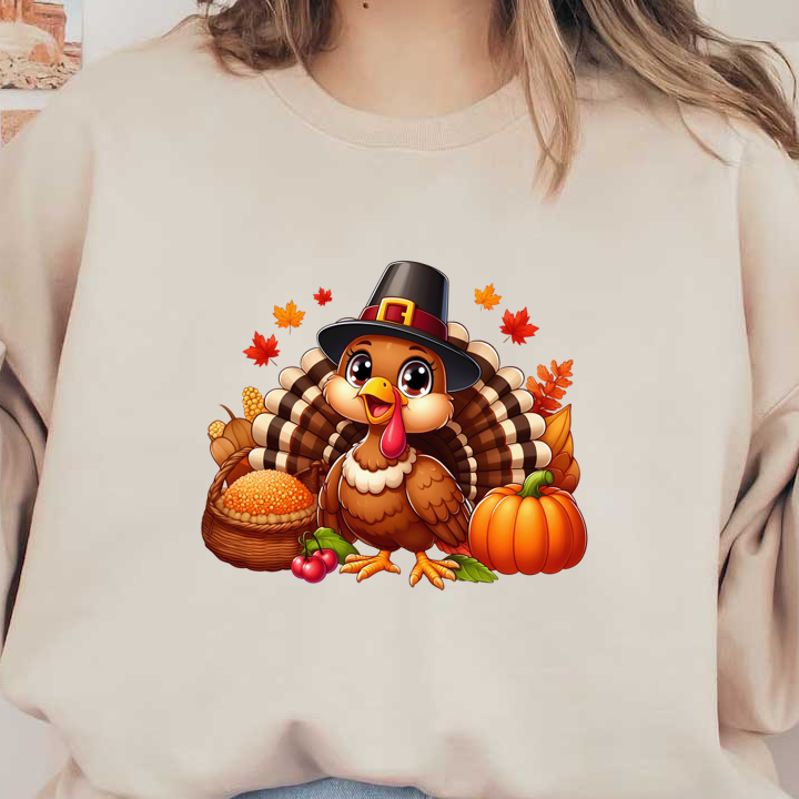 A cheerful cartoon turkey wearing a pilgrim hat, surrounded by autumn leaves, corn, a pumpkin, and cherries.dtf regular iron