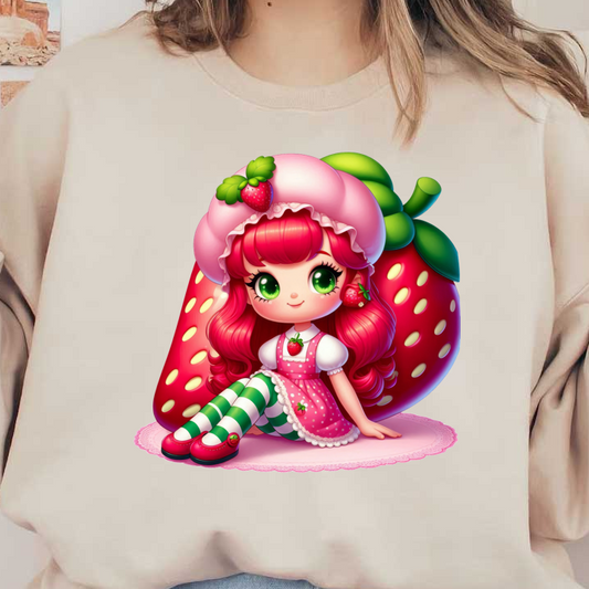 This adorable strawberry-themed character features bright green eyes, vibrant red hair, and a playful outfit with striped stockings.DTF Transfers