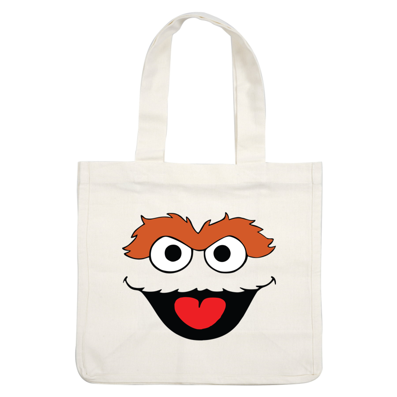 A playful, cartoonish face featuring bold black outlines, vibrant orange hair, large expressive eyes, and a bright red heart shape for a mouth.DTF Transfers heat press transfers