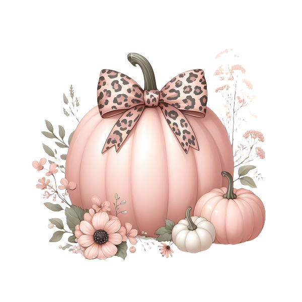 Una encantadora ilustración de una gran calabaza rosa adornada con un lazo con estampado de leopardo, acompañada de calabazas blancas y rosas más pequeñas y flores de colores.