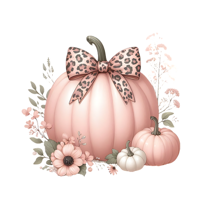 Una encantadora ilustración de una gran calabaza rosa adornada con un lazo con estampado de leopardo, acompañada de calabazas blancas y rosas más pequeñas y flores de colores.