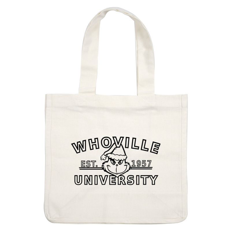 Whoville University logo featuring a playful character with a Santa hat, established in 1957, celebrating holiday spirit and whimsy.DTF Transfers dtf transfers