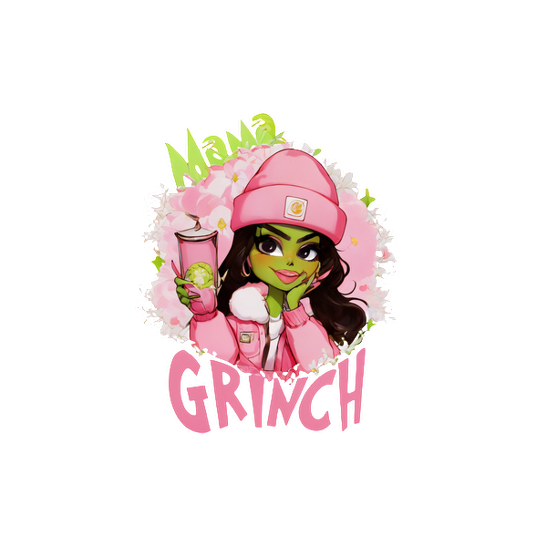 This vibrant graphic features a stylish character, Mama Grinch, in a pink outfit, playfully holding a drink among floral accents.DTF Transfers