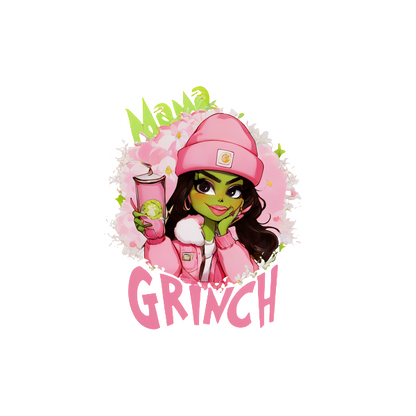 This vibrant graphic features a stylish character, Mama Grinch, in a pink outfit, playfully holding a drink among floral accents.DTF Transfers