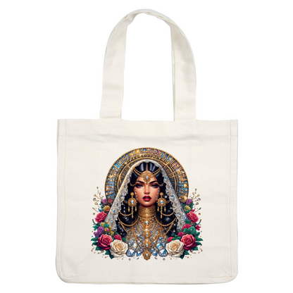 A beautifully detailed illustration of a woman adorned in intricate gold jewelry and a veil, surrounded by vibrant roses and floral accents.dtf regular iron