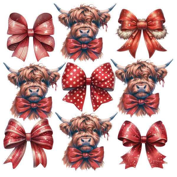 A charming collage featuring Highland cow faces adorned with various red bows, perfect for festive decorations or gifts. heat press transfers