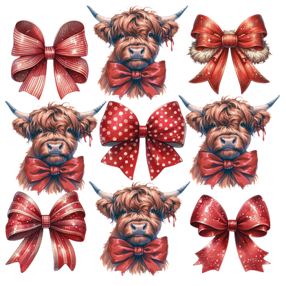 A charming collage featuring Highland cow faces adorned with various red bows, perfect for festive decorations or gifts. heat press transfers