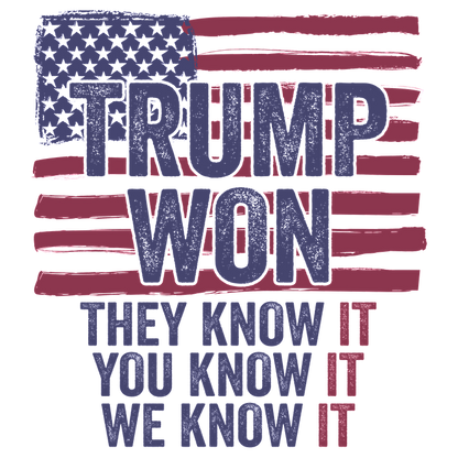 A bold graphic featuring the phrase "TRUMP WON" overlaying a stylized American flag, expressing a strong political sentiment.DTF Transfersdtf regular irondtf regular iron