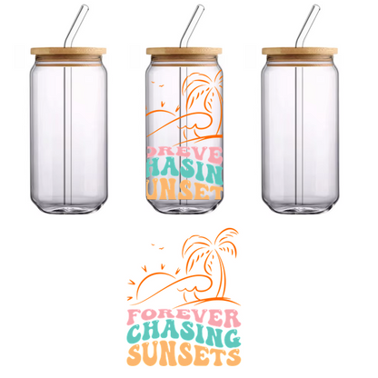 A vibrant and playful design featuring the phrase "Forever Chasing Sunsets" with a sunset and palm tree illustration.UV Transfers heat press transfers